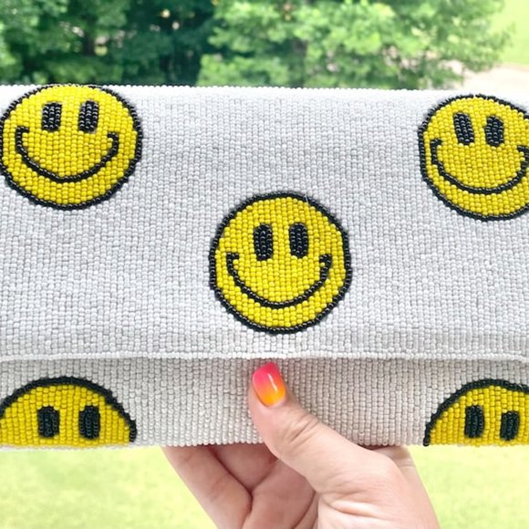 Emoji Smiley Face White Double Side Beaded Crossbody Clutch Handbag Bag NEW - Picture 8 of 8